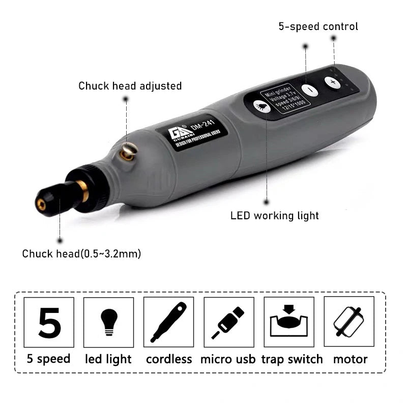 Mini Electric Grinder Set Cordless Drill Rotary Tool Wood Carving Pen For Milling Engraving 3.6V USB Charger LED Working Light