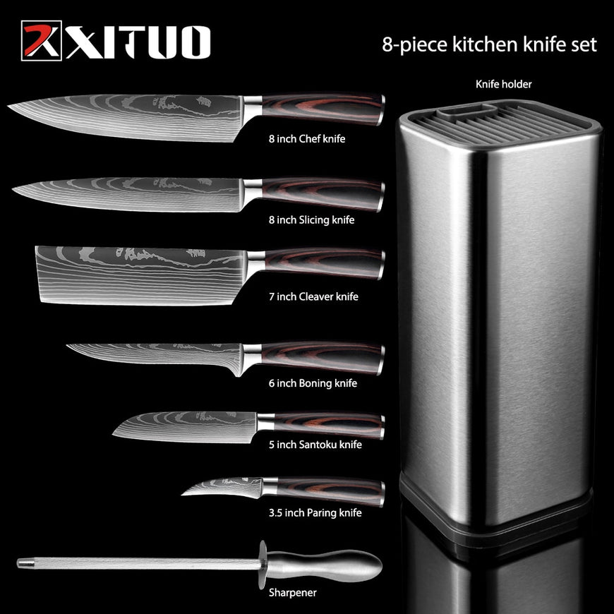 XITUO Kitchen Chef Set 4-8PCS set  Knife Stainless Steel Knife Holder Santoku Utility Cut Cleaver Bread Paring Knives Scissors