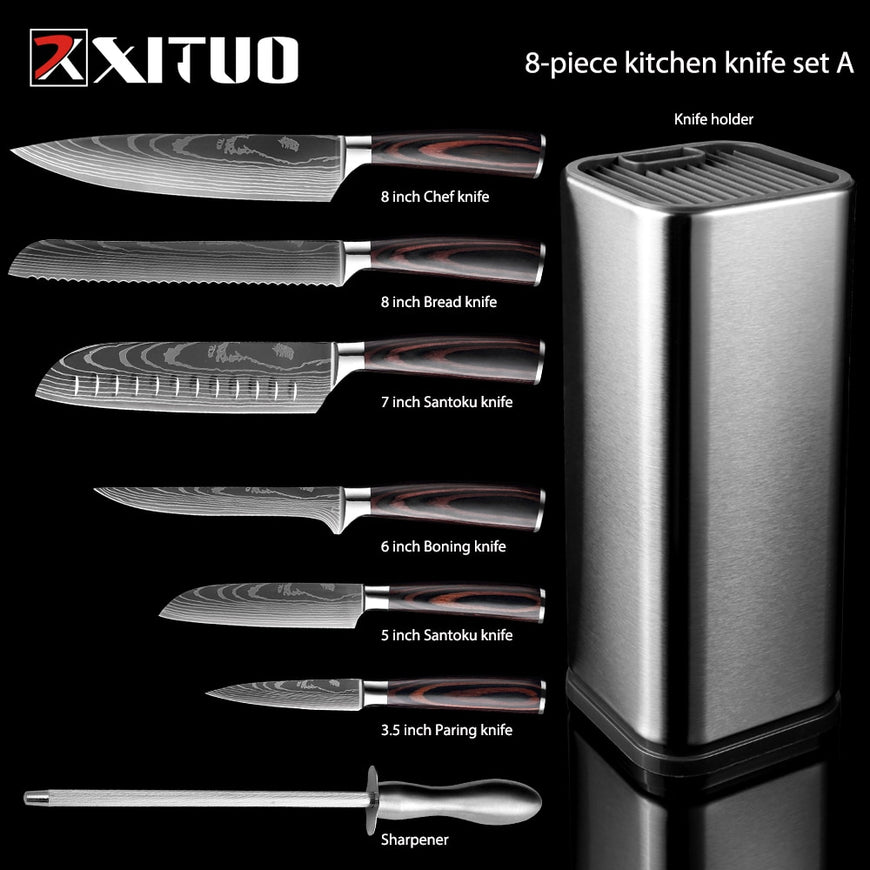 XITUO Kitchen Chef Set 4-8PCS set  Knife Stainless Steel Knife Holder Santoku Utility Cut Cleaver Bread Paring Knives Scissors