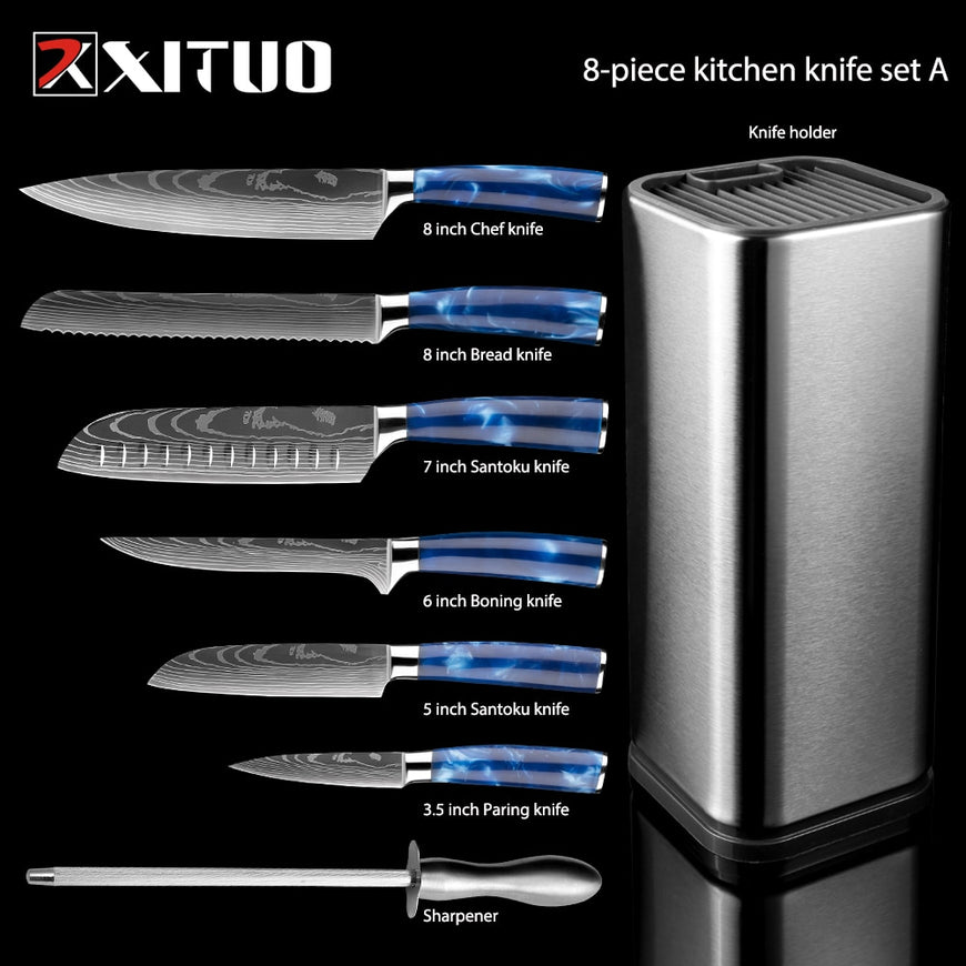 XITUO Kitchen Chef Set 4-8PCS set  Knife Stainless Steel Knife Holder Santoku Utility Cut Cleaver Bread Paring Knives Scissors