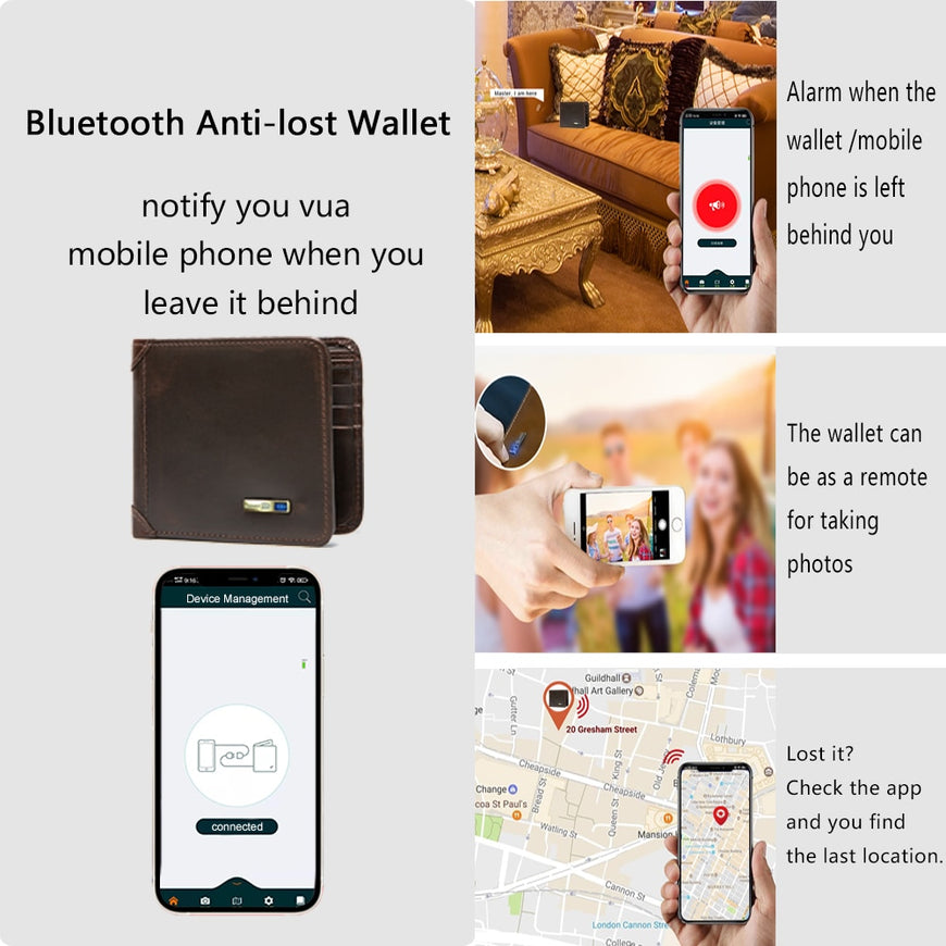 Smart Bluetooth Wallet Tracker Genuine Leather Men Wallets Finder  Short Thin Card Holder compatible Free engraving Cool Gift